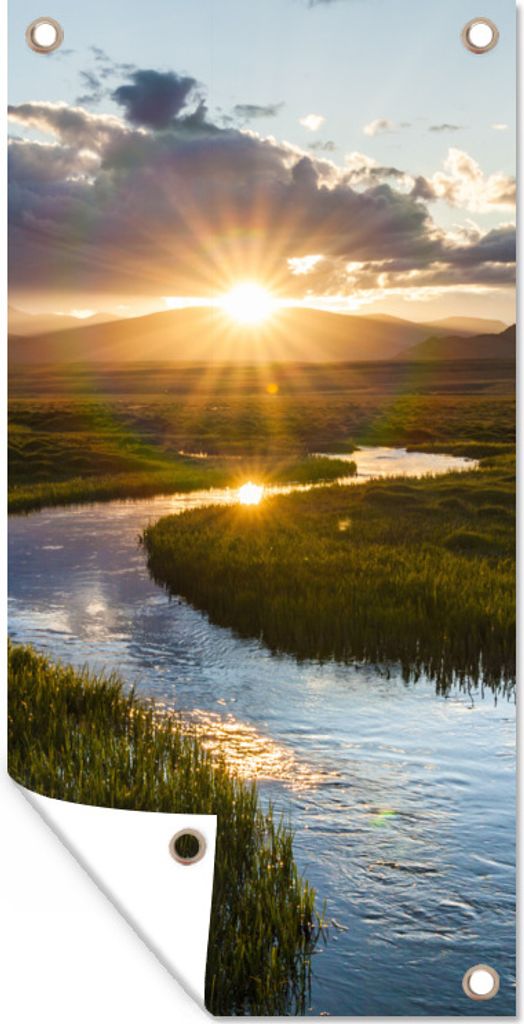 MuchoWow 80x160 cm Outdoor-Poster Gartendeko Sichtschutz Garten Poster für den Garten Fluss mit Blick auf einen Sonnenuntergang