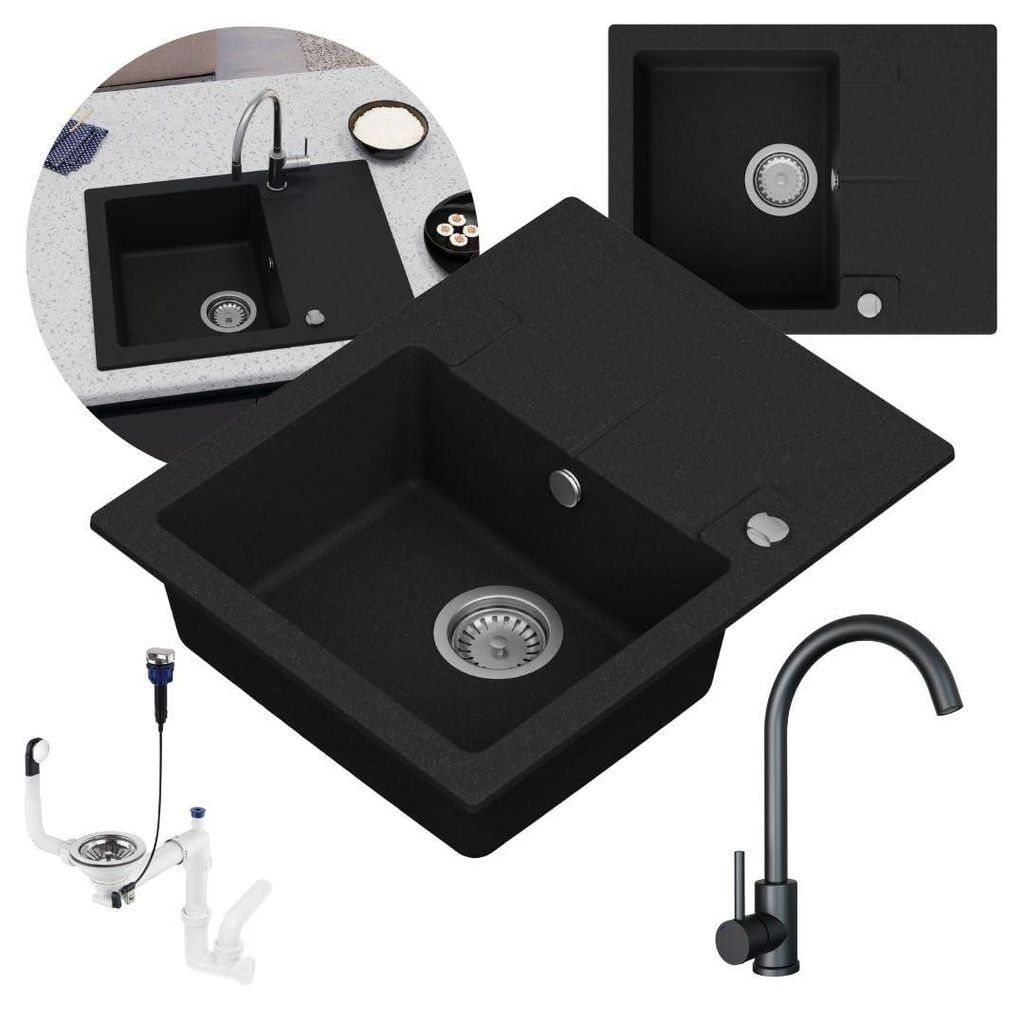 GRANMASTER Caro Granitspülbecken Komplett-Set mit Schwarzer Produktbild 