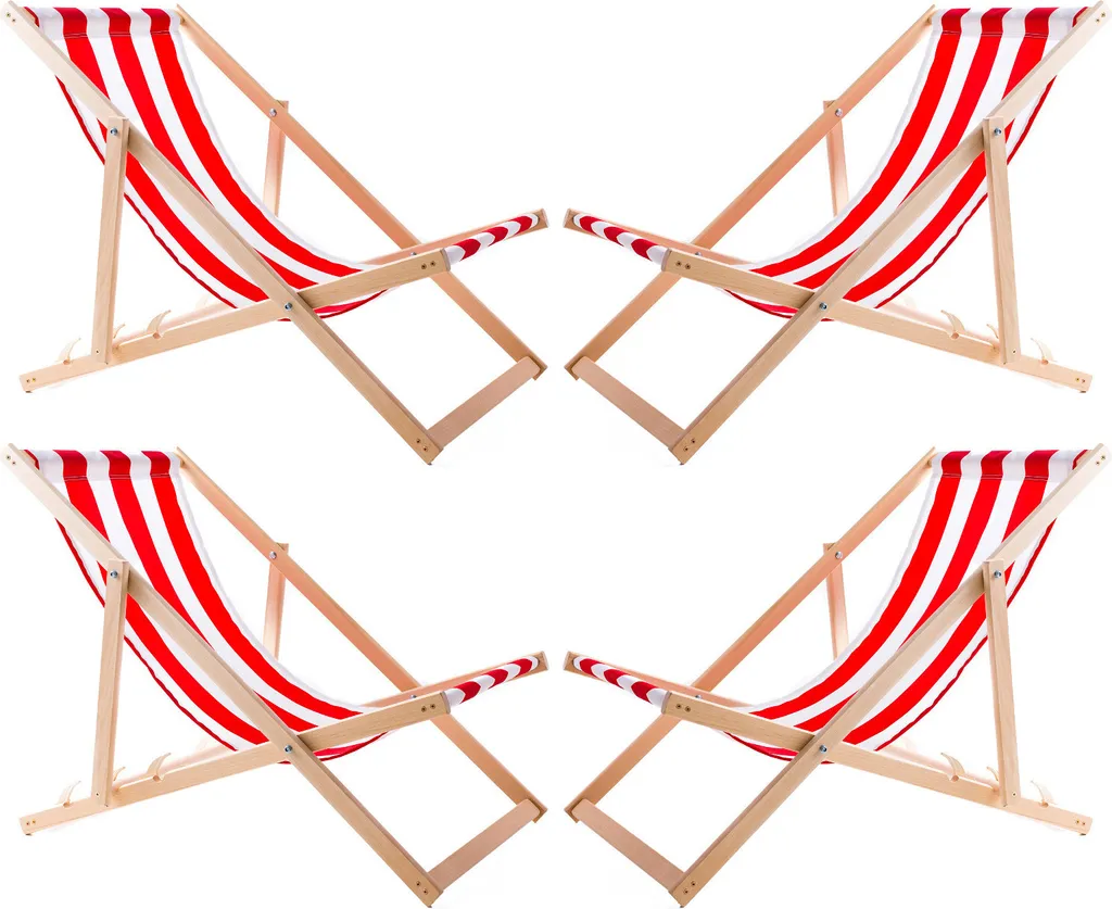 Set 4 Sedie Sdraio Legno Faggio a Strisce Rosse per Spiaggia e Balcone
