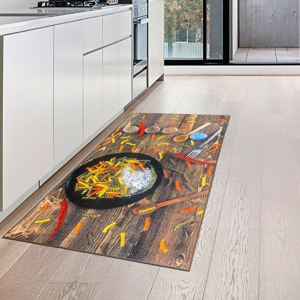 Küchenläufer Teppich waschbar mit bunten Nudeln und Chilli in rot Größe - 80 x 150 cm