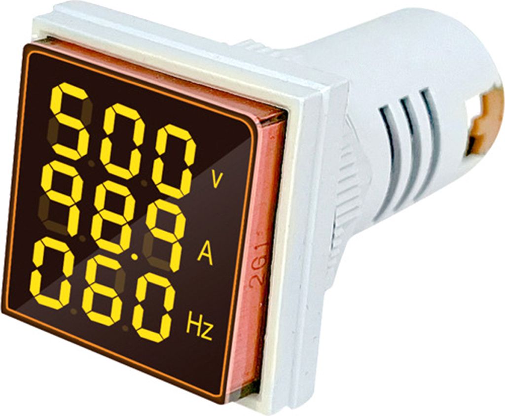 3-in-1 Dreistellige Anzeige für Wechselstrom, Spannung, Frequenz, 22 mm quadratischer Kopf, LED-Anzeige, AC 60–500 V, 0–100 A, 20–75 Hz - Gelb
