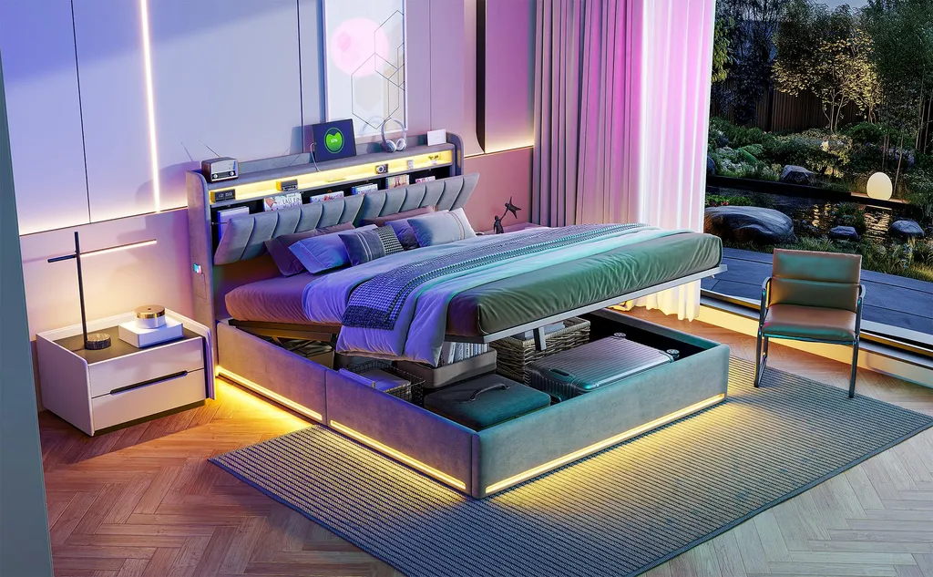 Lit Coffre 160x200 cm Gris avec LED, USB et Rangement Tête de Lit