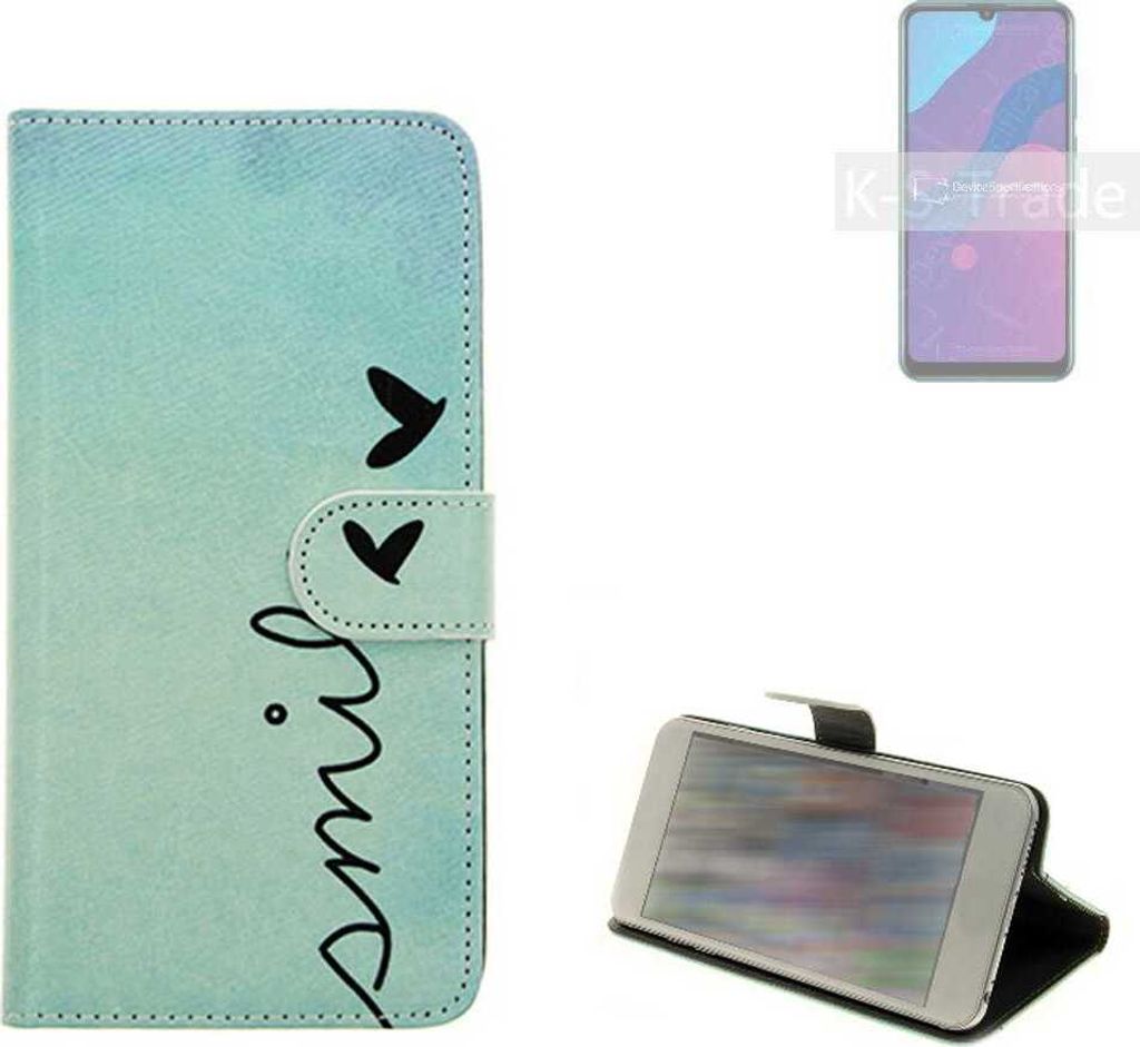 K-S-Trade Schutz Hülle Handy Hülle kompatibel mit Huawei Honor 9A Hülle Handyhülle cover bookstyle Etui Handyhülle ''smile'' türkis