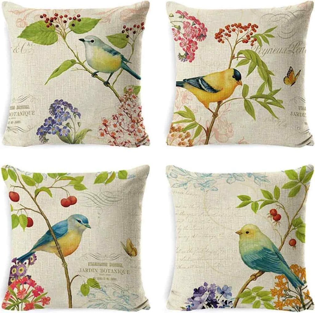 Outdoor-Kissenbezug, 4er-Set, wasserdicht, Blumen- und Vogelmuster, grünes Sofa-Kissenbezug für Terrasse, Garten, Wohnzimmer, Schlafzimmer, Dekor...