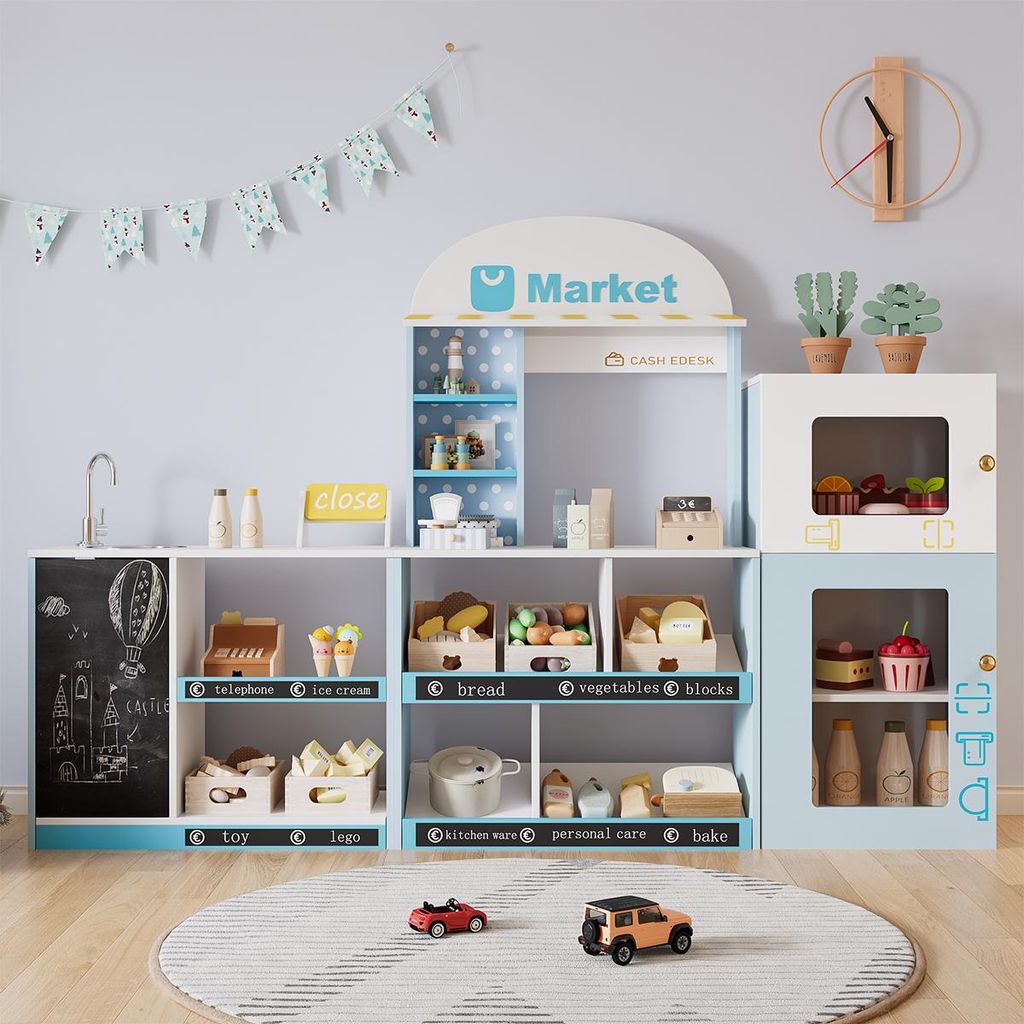 Spielküche mit Eiserzeuger und Mikrowelle Kinderküche Holz + Kunststoff Rollenspiel für Kinder ab 3 Jahren 29x60x81cm Blau