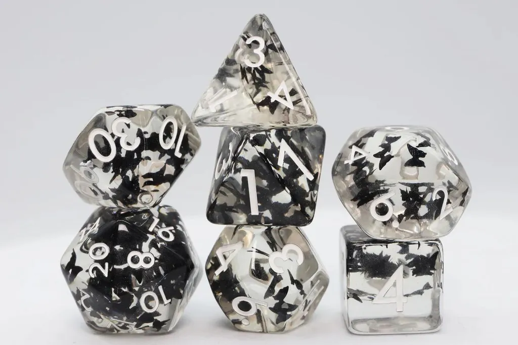Dés pour jeux de rôle Butterfly Kiss noir par Foam Brain Games JDR