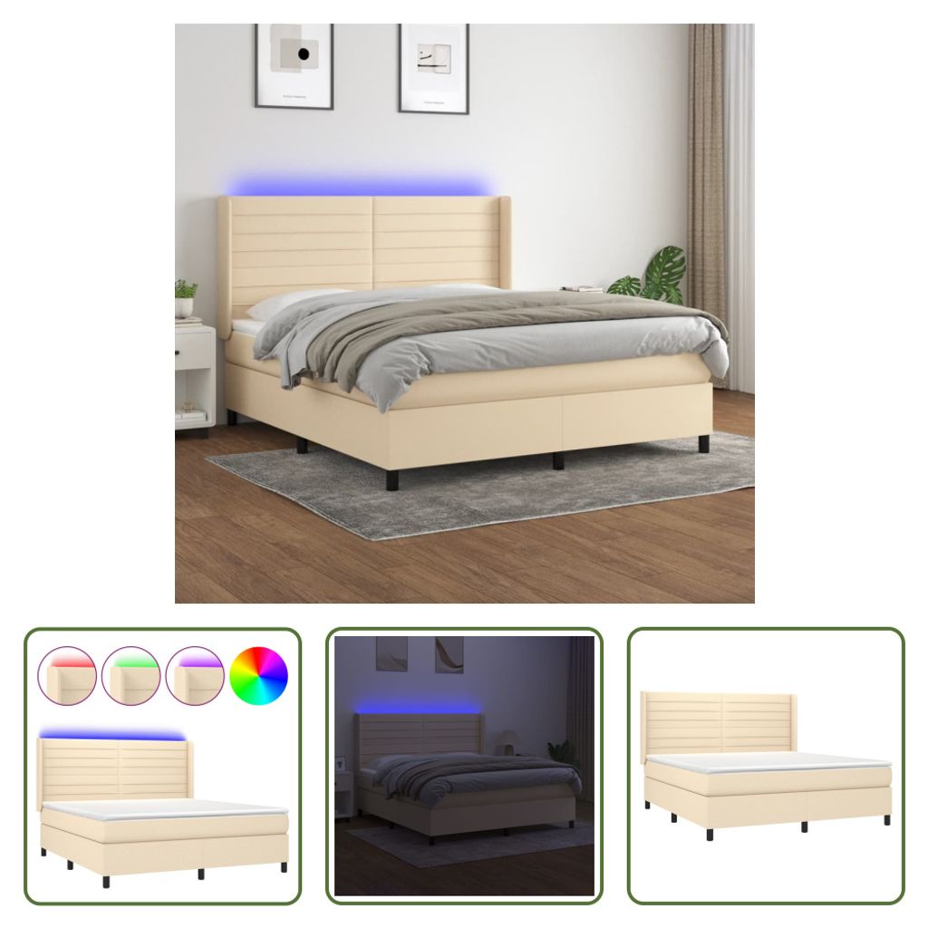 The Living Store Boxspringbett mit Matratze & LED Creme 180x200 cm Stoff