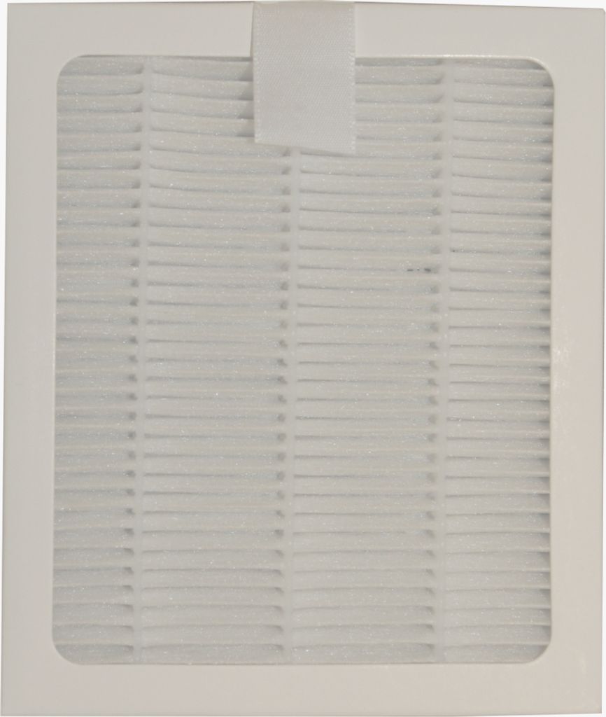A white air filter with a grid pattern.