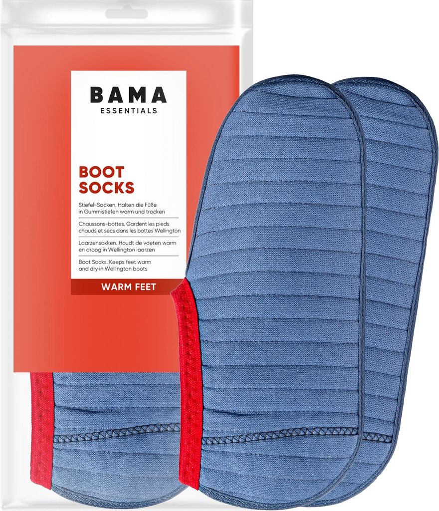 A pair of blue boot socks with red trim are shown next to their packaging.