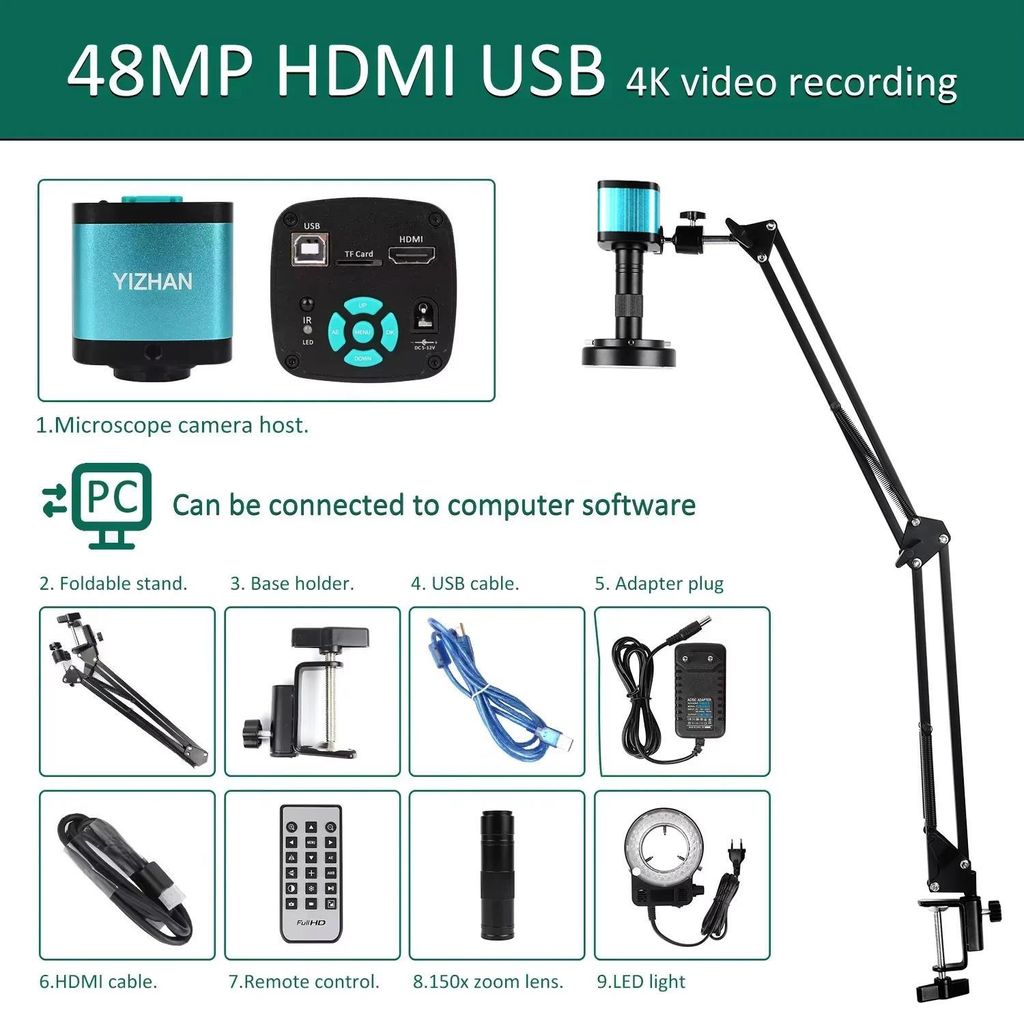 Digitales Mikroskop - Videomikroskop YZ-4002 - 4K UHD - 48 MP Sensor - HDMI & USB Anschluss - Für PCB-Inspektion & Elektronikreparatur