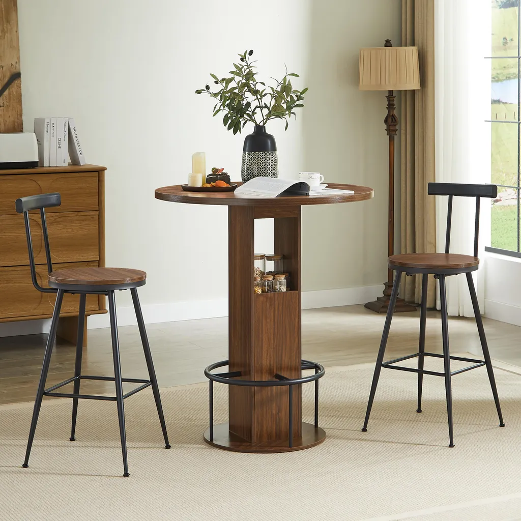 Ensemble Table de Bar 3 Pièces 80cm Noyer - 2 Tabourets Métal