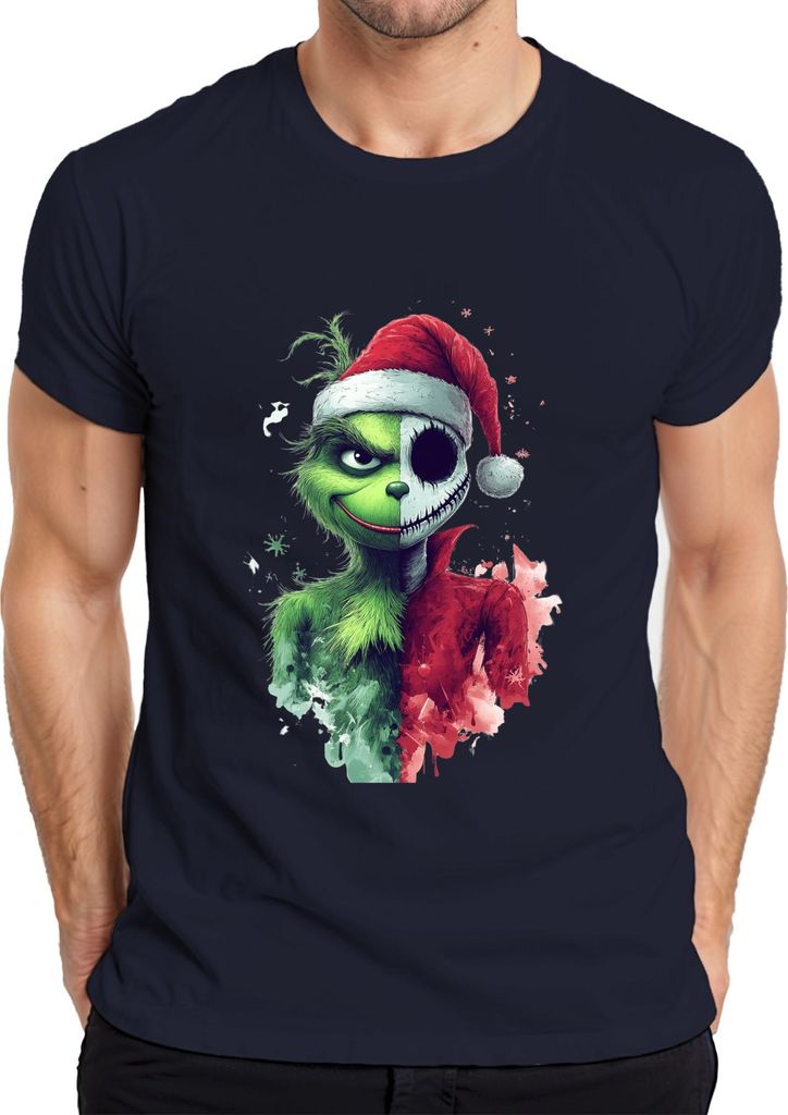 Weihnachtsgrinch Totenkopf halbes Gesicht düster Gothic Halloween Herren T-Shirt, Navy, XL