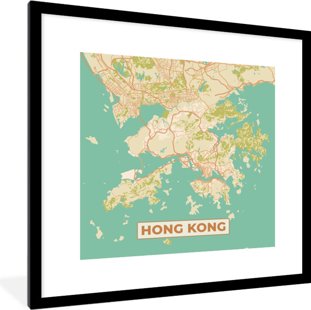 MuchoWow Gerahmtes Poster Karte - Hongkong - Stadtplan - Vintage - Karte 40x40 cm - Poster mit Schwarzem Bilderrahmen Wandposter Rahmen Foto Bild...