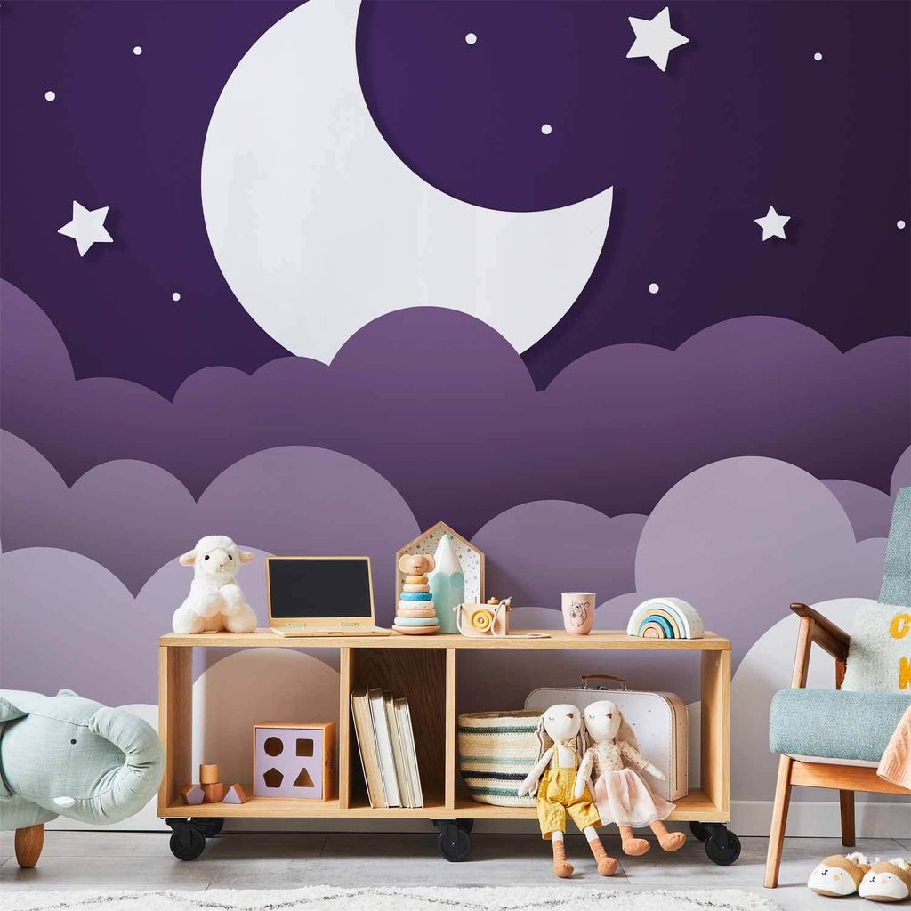 Vlies Fototapete - Moon dream - clouds in a purple sky with stars for children 350x256 cm Für Kinder e-A-10023-a-c