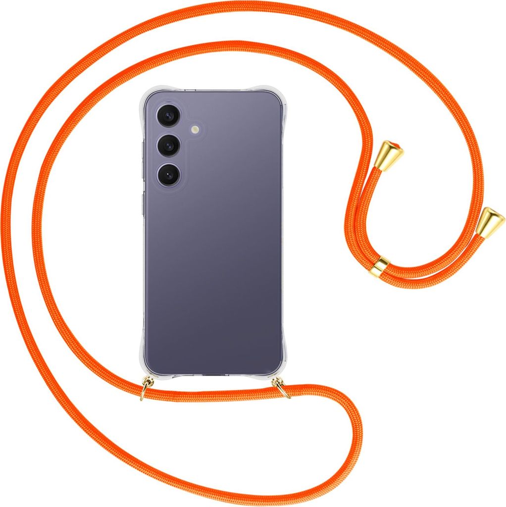 Handykette Backcover-Schutzhülle mit Band (Metall goldfarben) für Samsung S25 Plus - neonorange