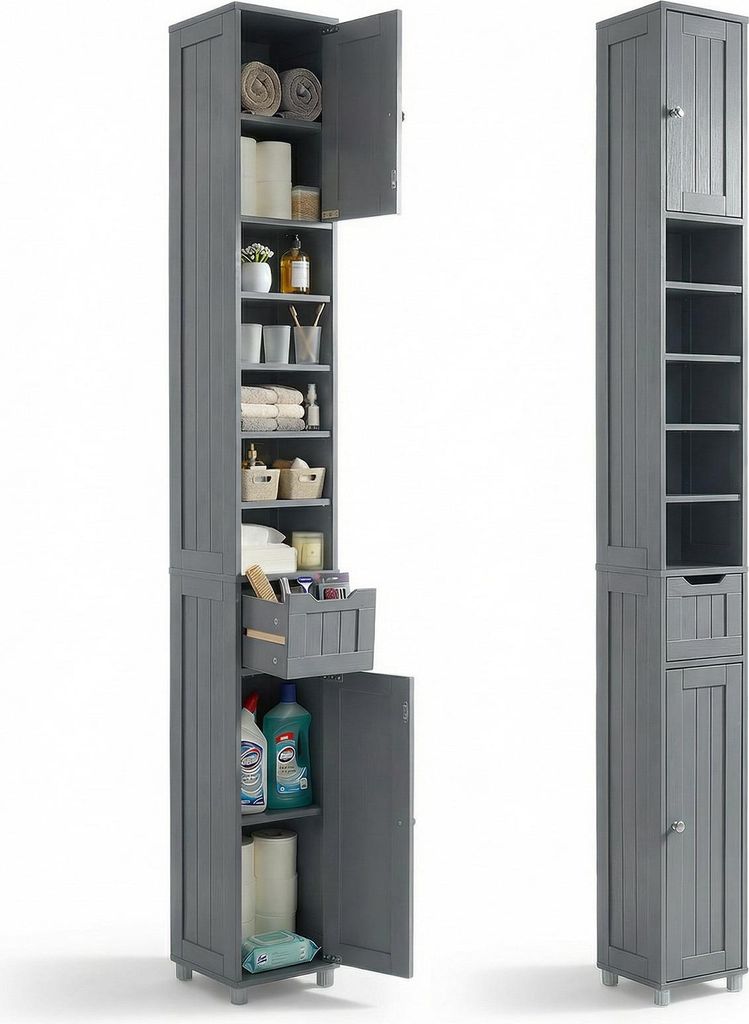 VOUNOT® Badezimmerschrank Hoch mit 2 Türen und 1 Schublade, Produktbild 