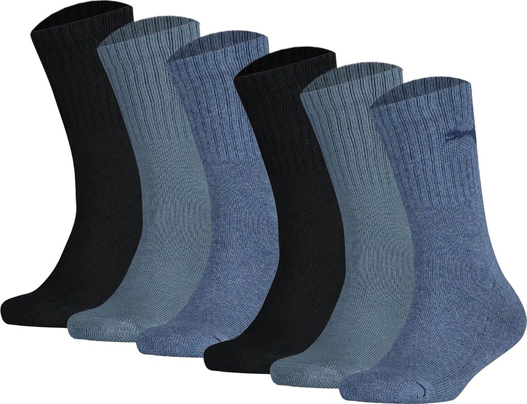 PUMA Kinder Socken, 6er Pack - Sport Junior, Frottee-Sohle, Rippbündchen, Logo Denim 27-30