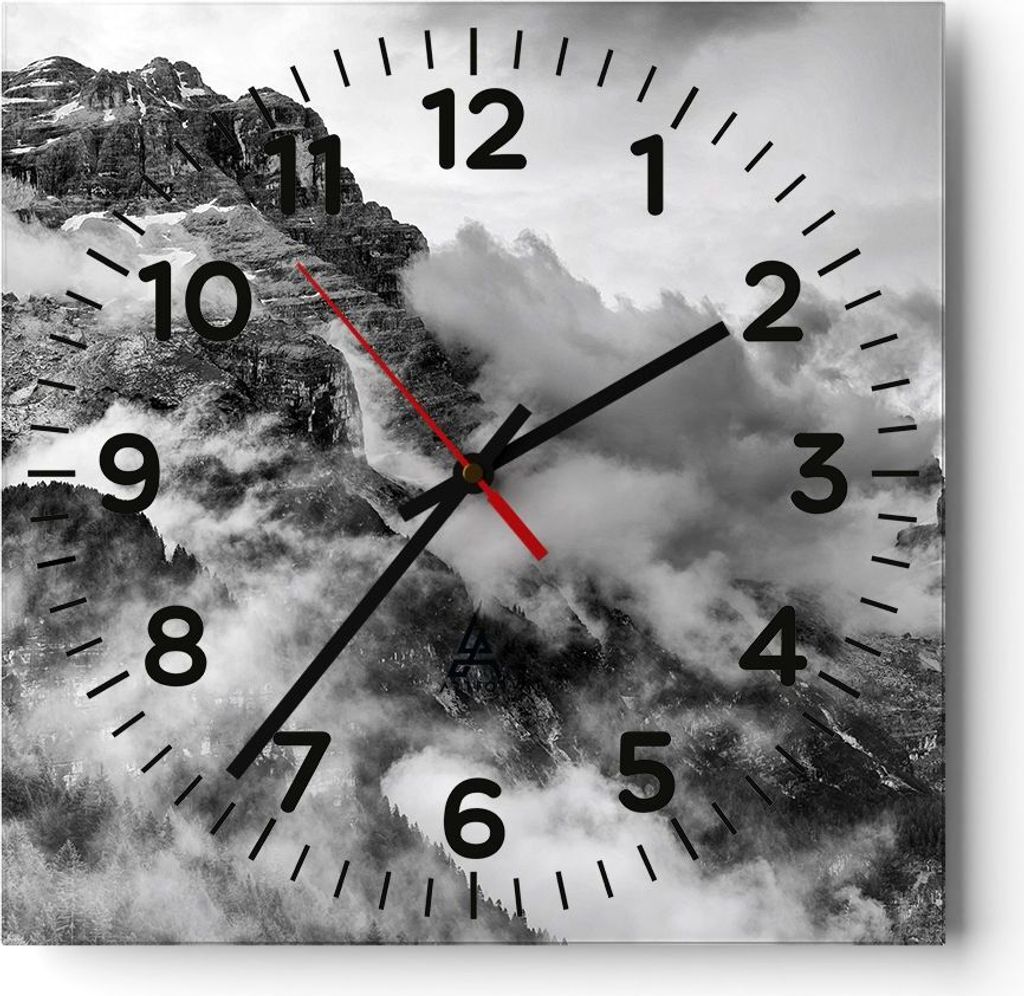 Wanduhr - Quadrat - Glasuhr - Berge Nebel Gipfel - 30x30cm - Schleichendes Uhrwerk - Lautlos - zum Aufhängen bereit - Dekoration Modern - Wanddeko...