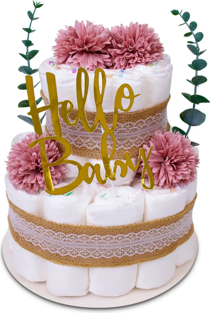 Idée cadeau Baby Shower : Gâteau de couches Lila Eucalyptus Vintage