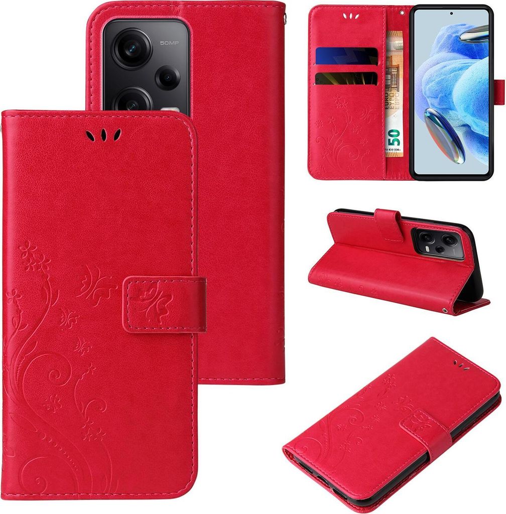 A collage of images showing a red flip phone case with floral patterns, demonstrating its features and design.