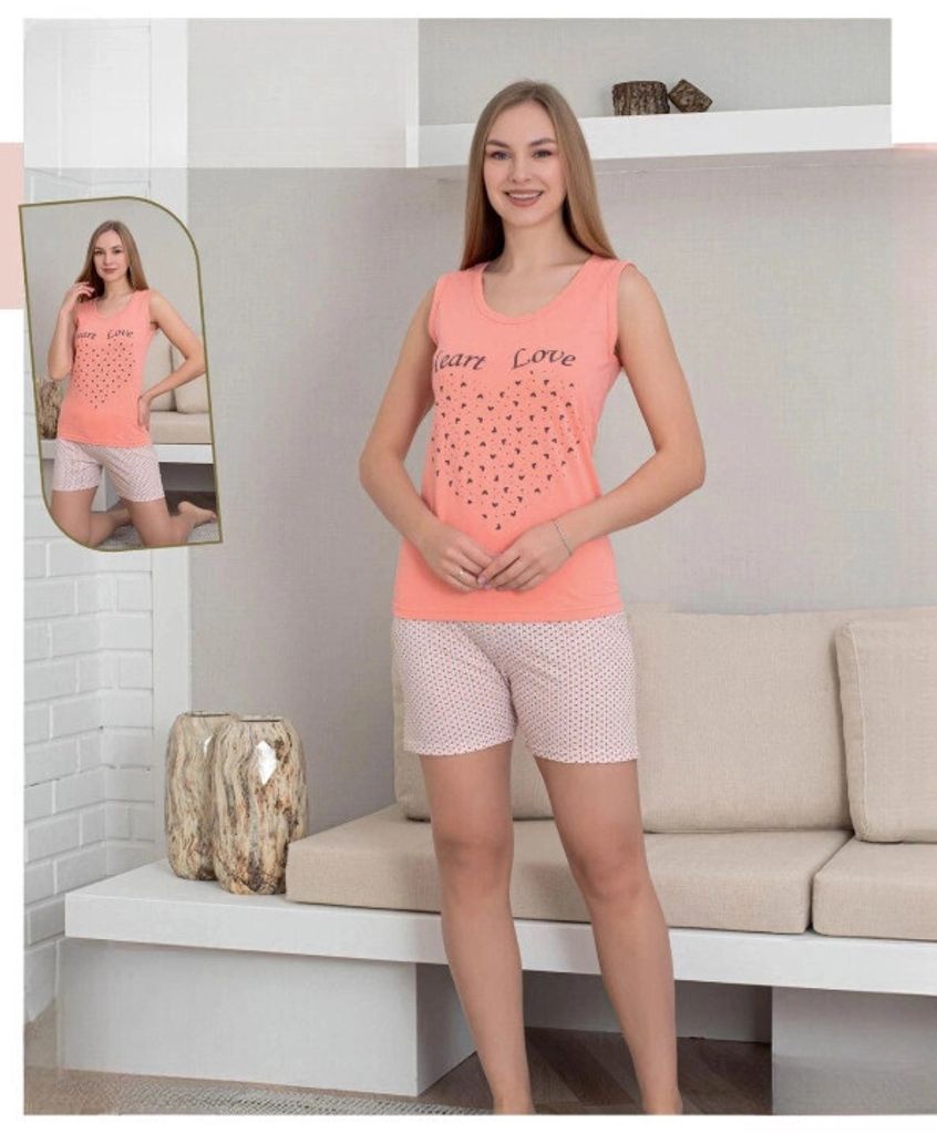 Damen Pyjama Schlafanzug Shorty Kurz Lachsfarbe M 2-Teiler Produktbild 