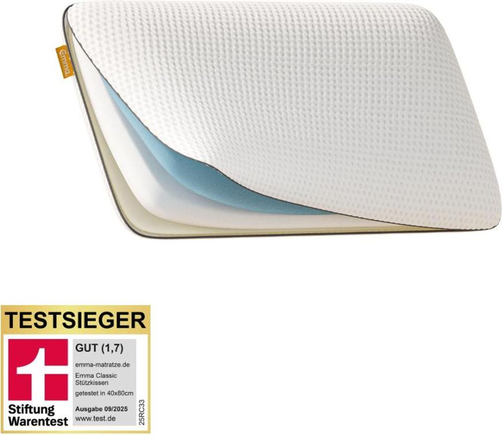 A cutaway view of a pillow showing its layered construction, with a test winner badge below.