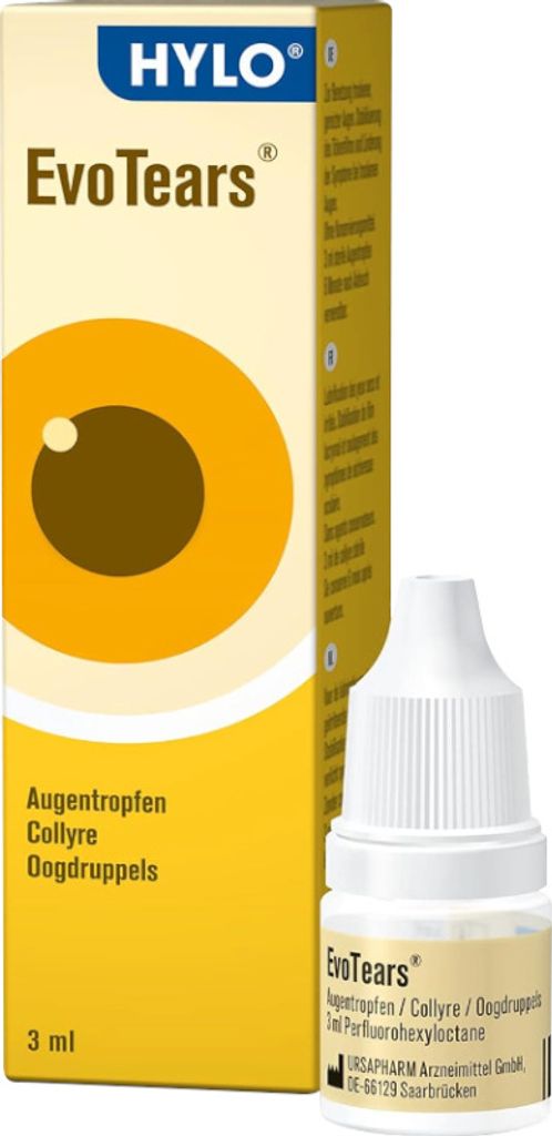 A product shot of HYLO EvoTears eye drops and its packaging.