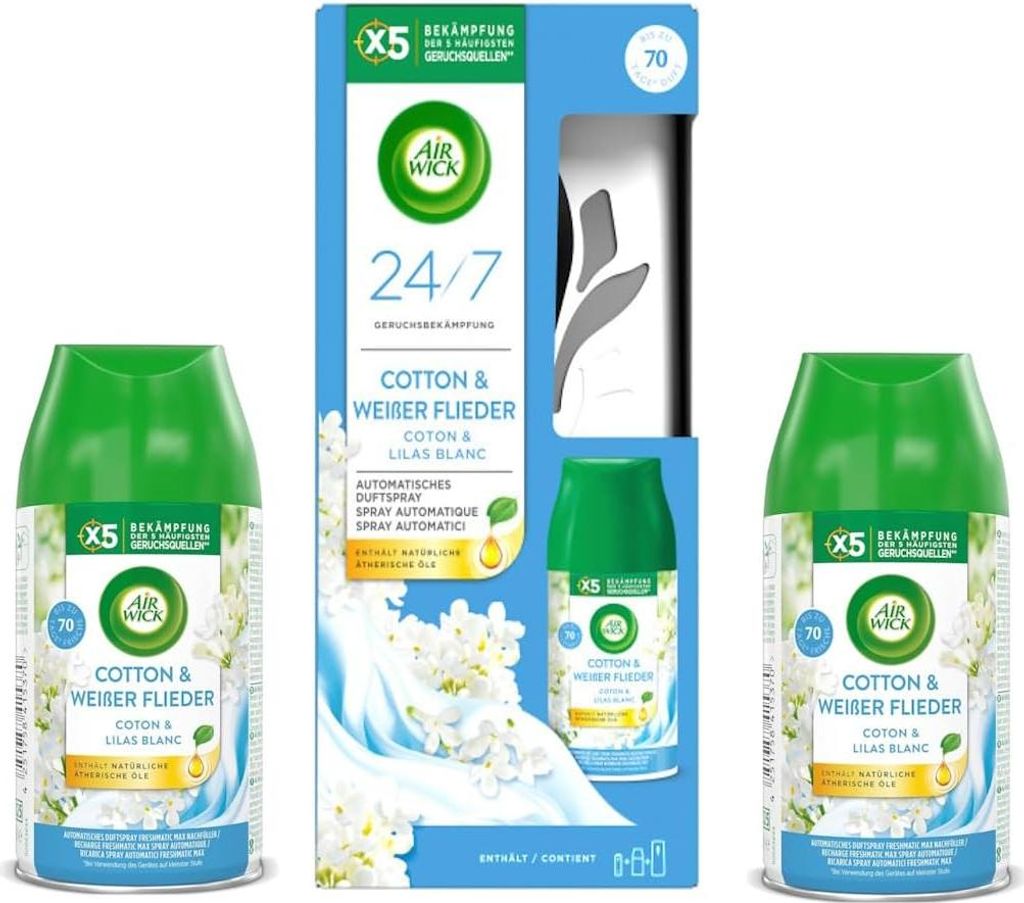 Air Wick Freshmatic Max Starter-Set Baumwolle & Weißer Flieder 250ml + 2x Nachfüller Baumwolle & Weißer Flieder 250ml