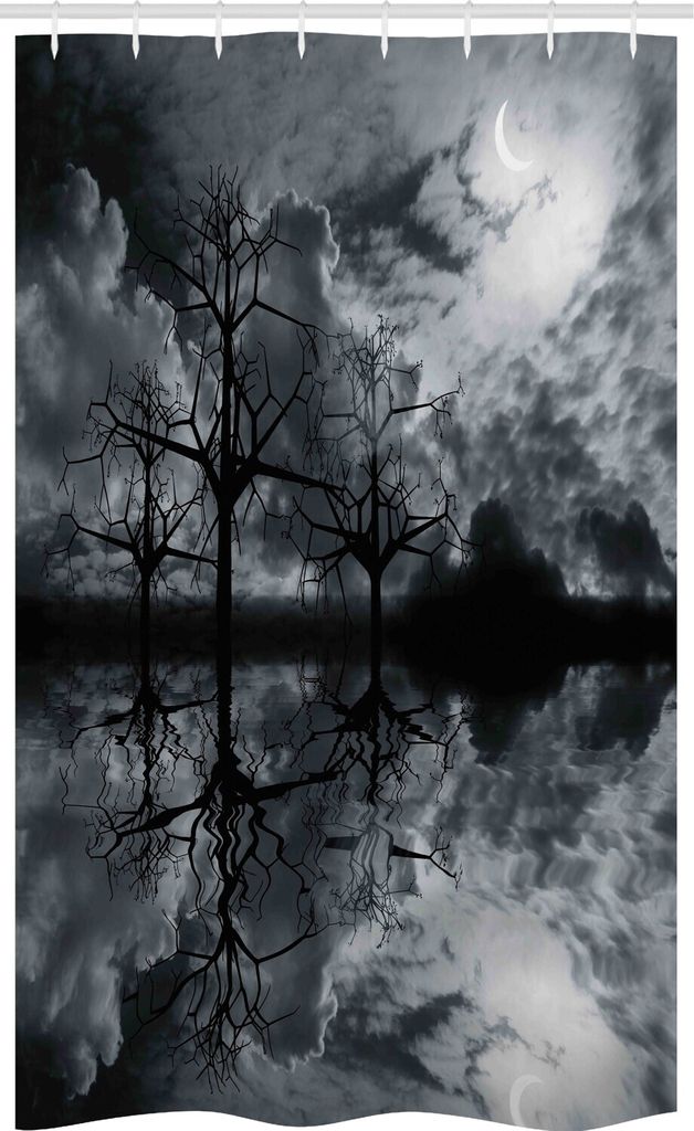 ABAKUHAUS Landschaft Schmaler Duschvorhang, Bäume Nacht Himmel Wolke, Badezimmer Deko Set aus Stoff mit Haken, 120 x 180 cm, Schwarz Weiß Grau