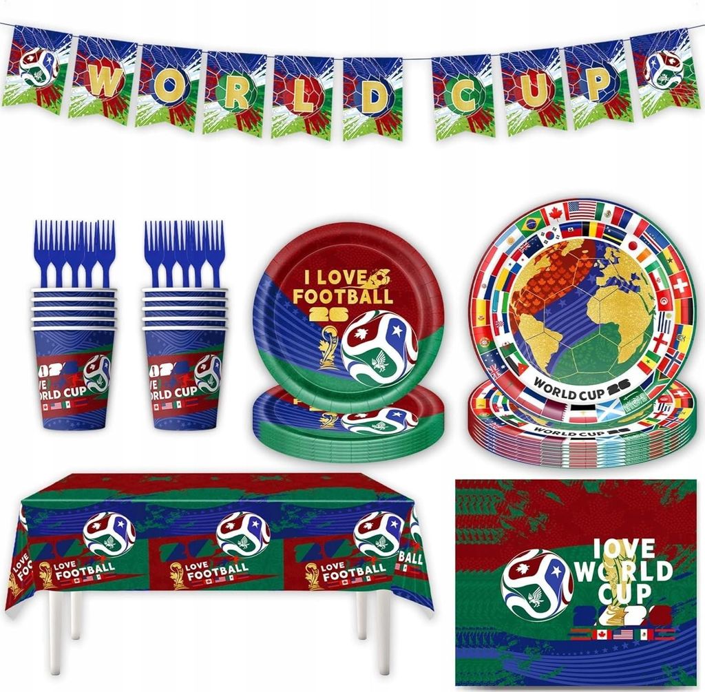 Fußball WM 2026 Party Geschirr Set aus Papier, Teller, Becher, Strohhalme Servietten, Einweggeschirr für Fußballfeste Weltmeisterschaften für 1...