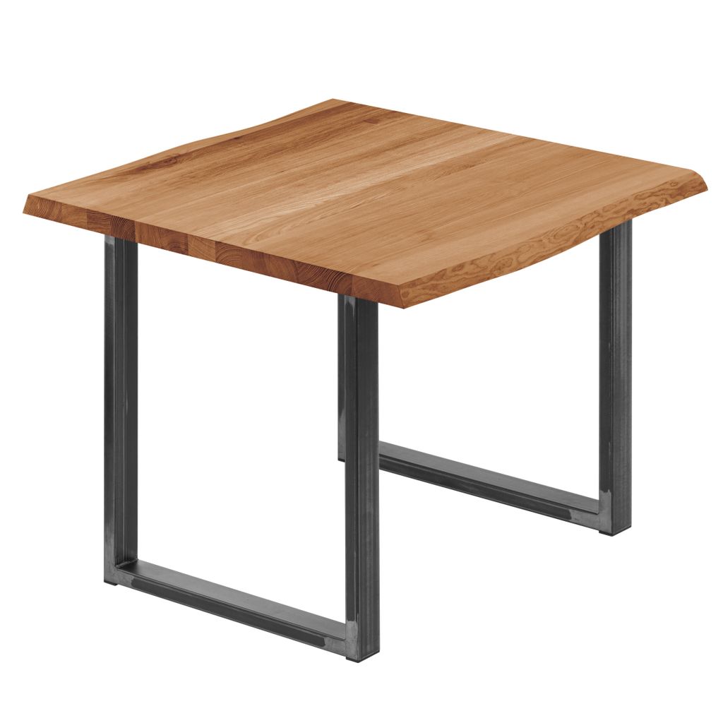 LAMO Manufaktur Esstisch Küchentisch Schreibtisch Couchtisch aus Massivholz, mit Baumkante 60x60x76 cm (AxBxH), Loft, Dunkel / Rohstahl mit Klarla...