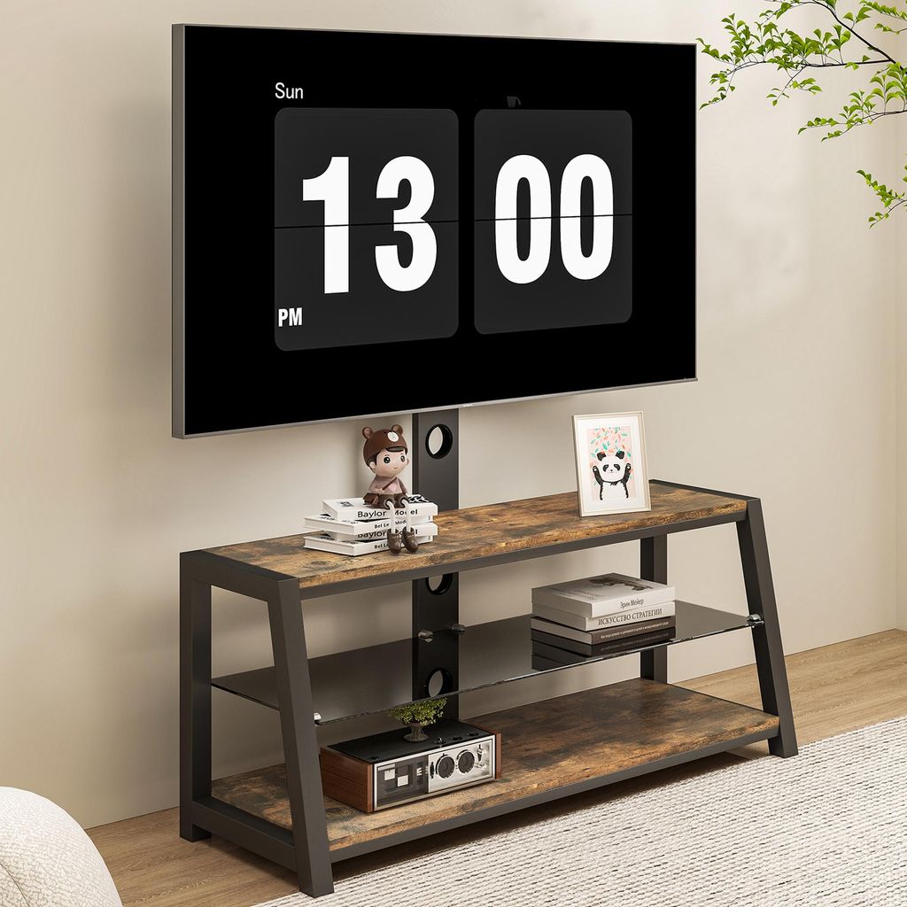 MODFU Fernsehtisch TV-Schrank mit schwarzem Hartglas Höhenverstellbar Schwenkbar Entertainment Center Kabelmanagement Braun