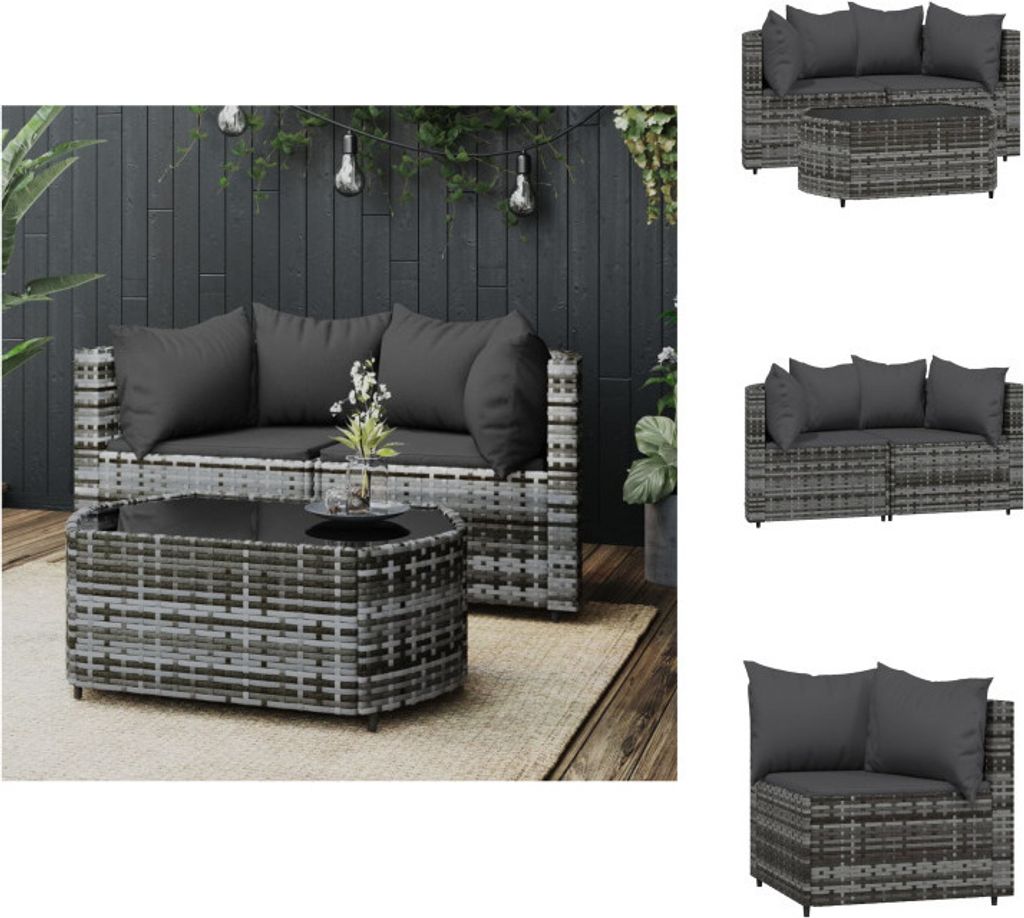 vidaXL 3-tlg. Garten-Lounge-Set mit Kissen Grau Poly Rattan - Gartensofas