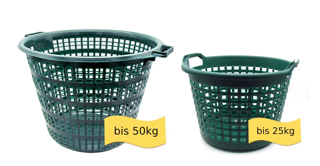 Erntekorb aus Kunststoff – stapelbarer Obst- & Gemüsekorb, Kartoffelkorb mit Griffen, 2 Größen (25kg / 50kg) - je 1 x bis 25kg + 50kg