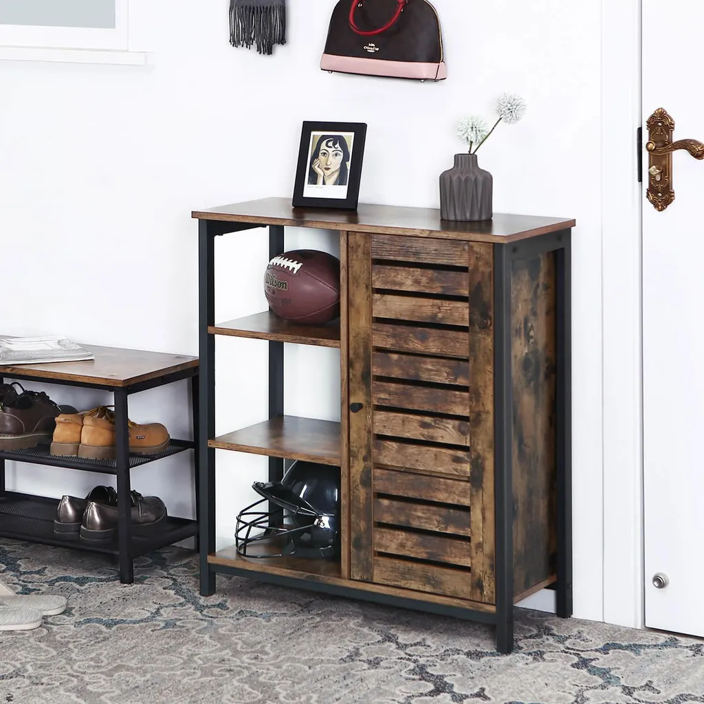 Buffet bas industriel avec porte à lamelles en métal noir et bois foncé - 4