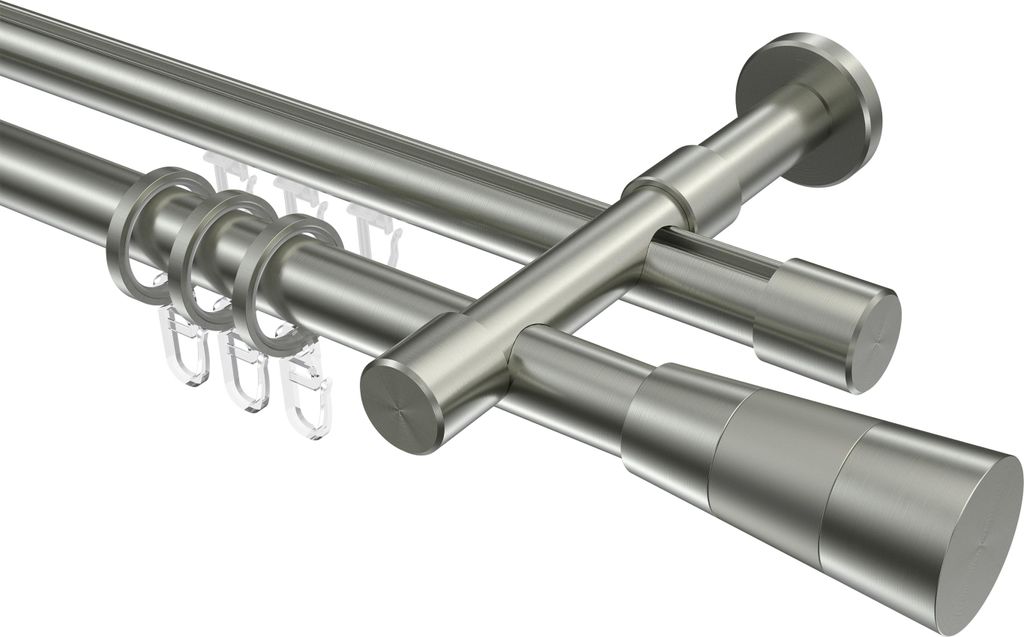 Interdeco Rundrohr-Innenlaufstange / Gardinenstange (Kombination) Edelstahl-Optik, Typ Prestige Tanara (Konus Bicolor), 20 mm Ø 2-läufig, 320 cm