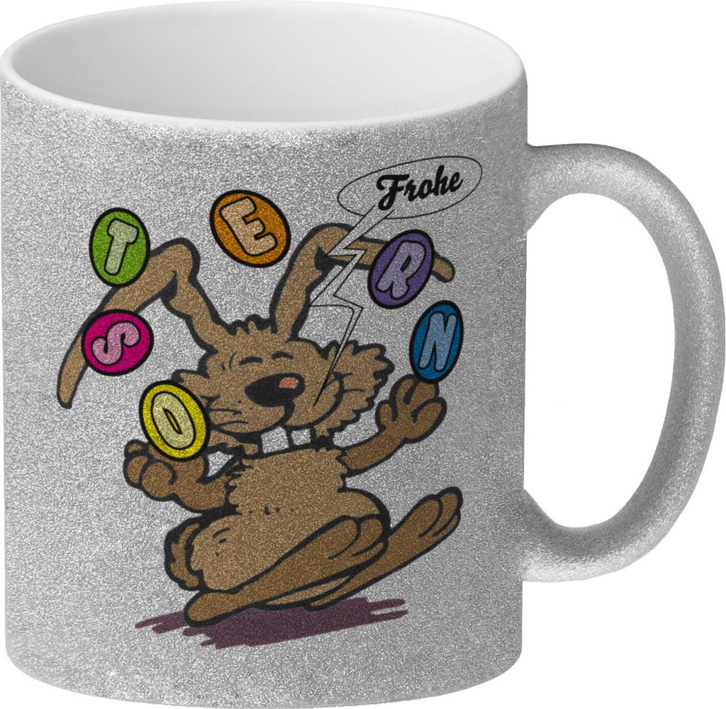 Frohe Ostern! Osterhase jongliert mit Ostereiern Glitzer-Kaffeebecher