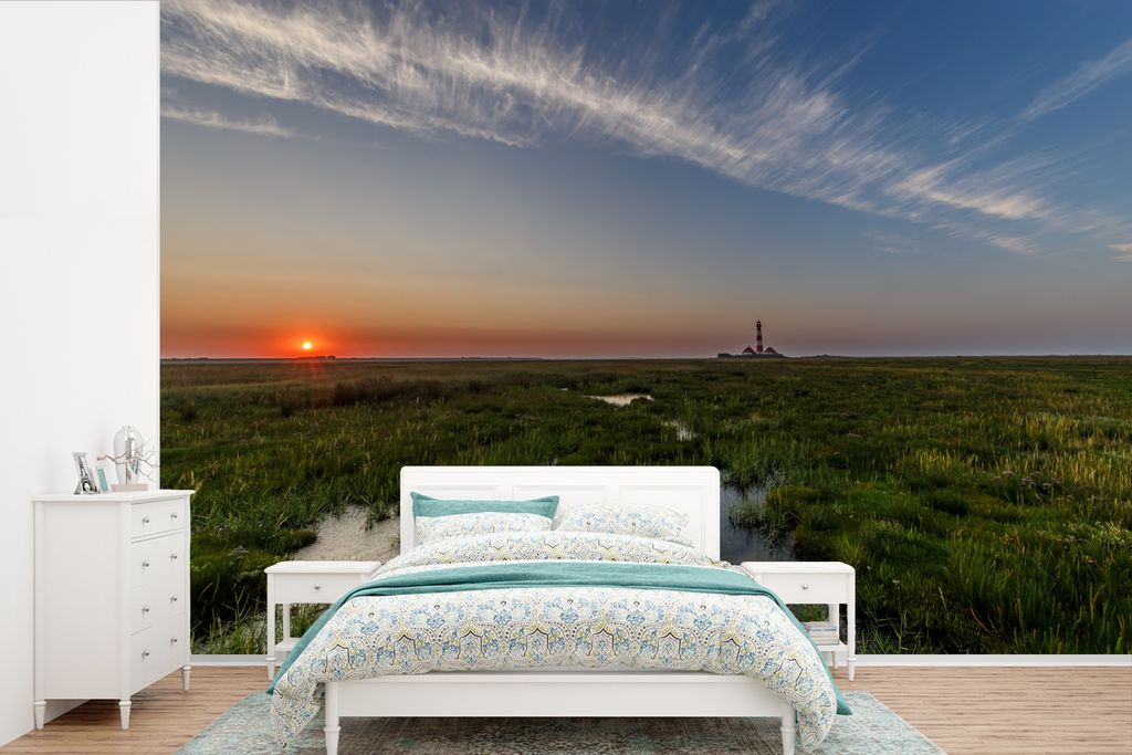 MuchoWow Fototapete für Wohnzimmer oder Schlafzimmer Wandtapete Vinyl Motivtapete Deutschland - Wattenmeer - Leuchtturm - 420x280 cm - Zimmer f...