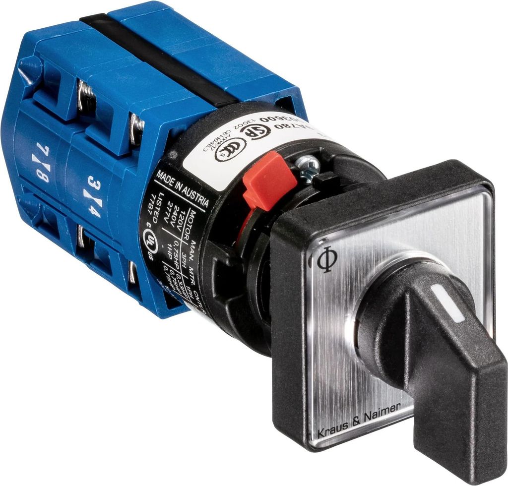 Kraus & Naimer Umschalter, 1-polig, 60°, Zentralbefestigung, Ith=10 A, P=2,2 kW (AC-3, 400 V AC), 2x1,5 mm², 1 Stk.