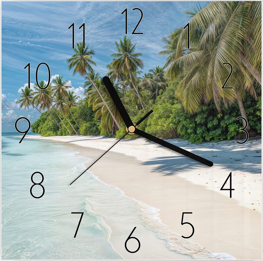 Wanduhr aus Glas mit Motiv Tropischer Strand- 30 x 30 cm - inkl. Aufhängesystem