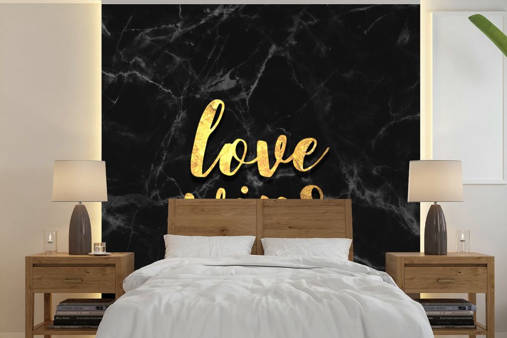 MuchoWow Fototapete für Wohnzimmer oder Schlafzimmer Wandtapete Vinyl Motivtapete Zitat - Liebe - Marmor - Gold - 220x220 cm - Tapeten
