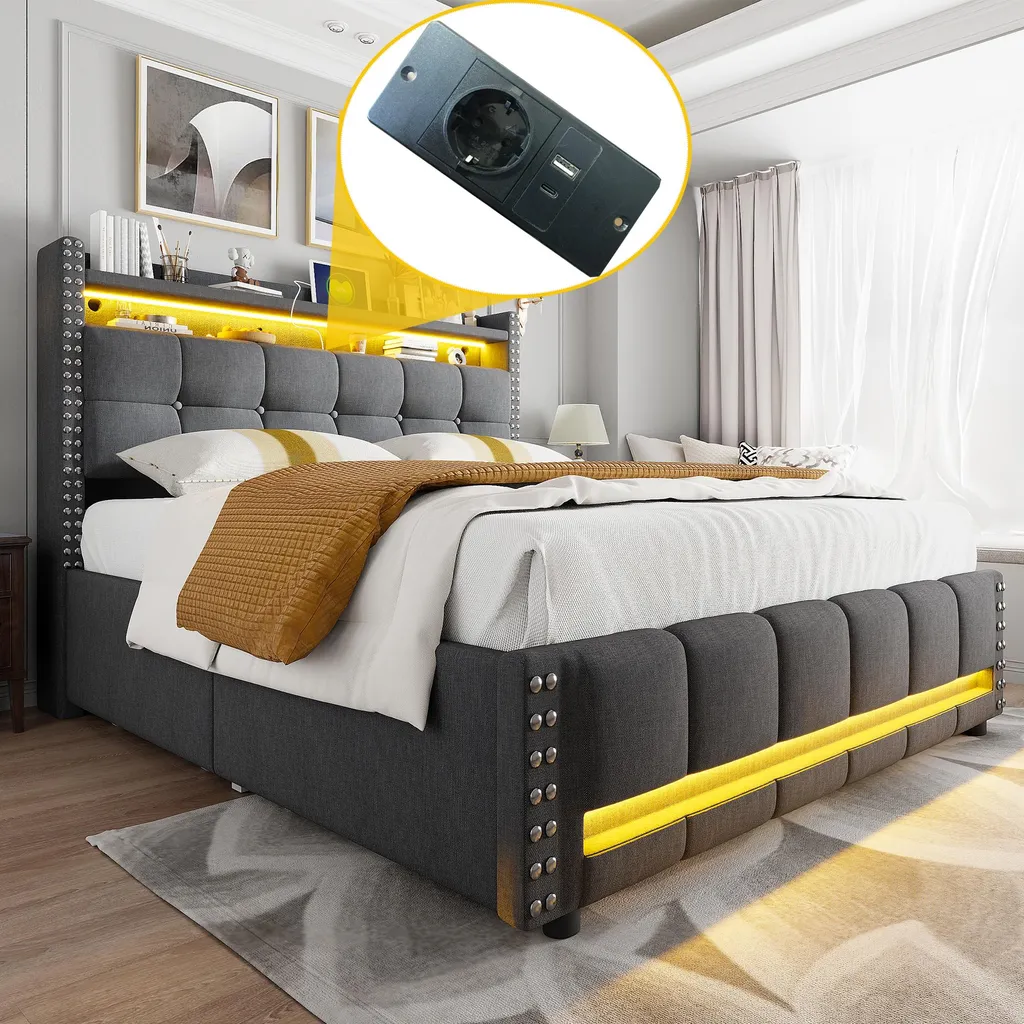 Lit Capitonné 160x200 avec Éclairage LED et Rangement Intégré - Gris