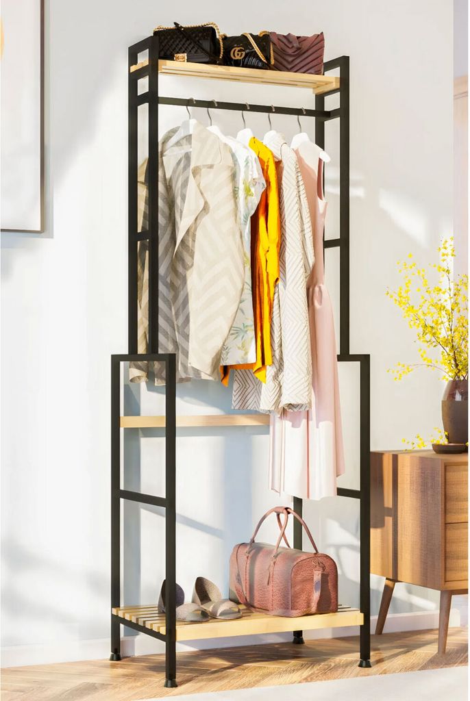 Jungengel Großer Kleiderständer Metall Holz 3 Ebenen Garderobenständer Flur Schlafzimmer Ankleidezimmer Skandi Design 164×53×40 cm