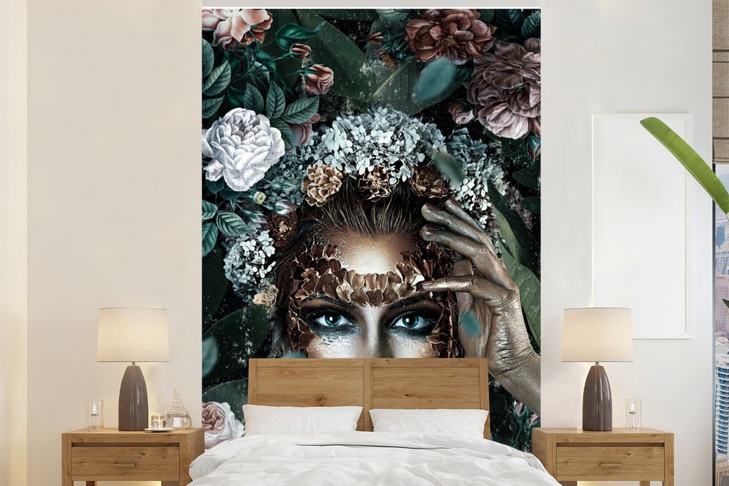 MuchoWow Fototapete für Wohnzimmer oder Schlafzimmer Wandtapete Vinyl Motivtapete Silber - Frau - Blumen - 225x350 cm - Schlafzimmer tapete