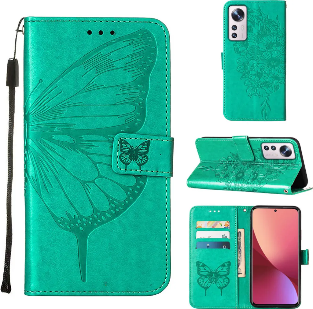 Custodia Xiaomi 12 Verde Farfalla Rilievo | Cover Portafoglio Pelle