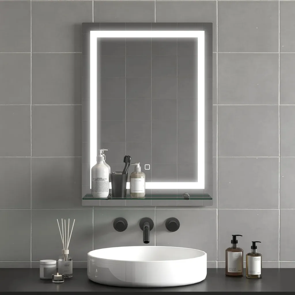 Miroir LED tactile 50x70 cm avec fonction mémoire et tablette verre