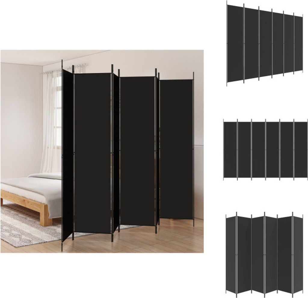 A black room divider is shown in a bedroom setting, with additional views of the product on the right side of the image.