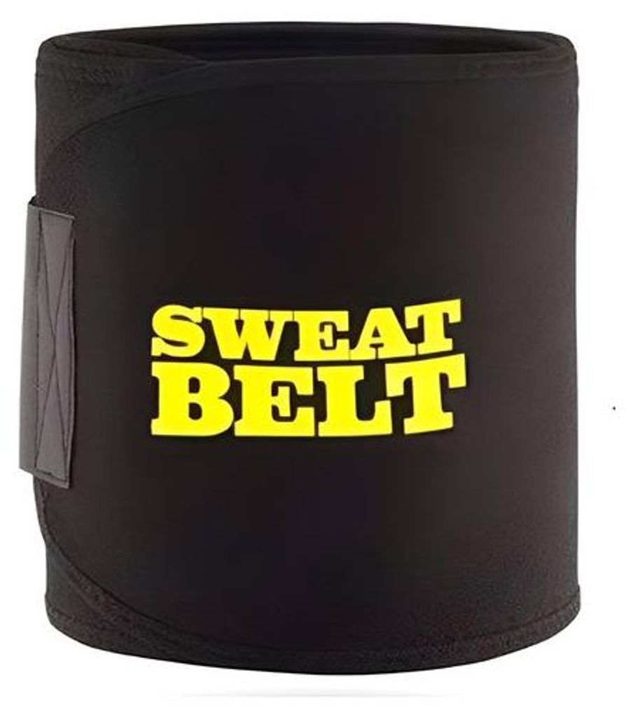 Schwarzer Schweißgürtel mit gelbem "SWEAT BELT"-Text auf der Vorderseite, aufrecht stehend