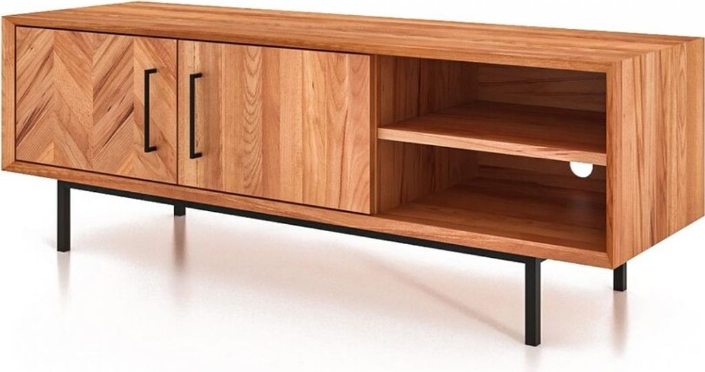 TV-Board Seiba Kernbuche massiv 144x45x50 Metallbeine 2 Türen 2 Fächer Fischgrät