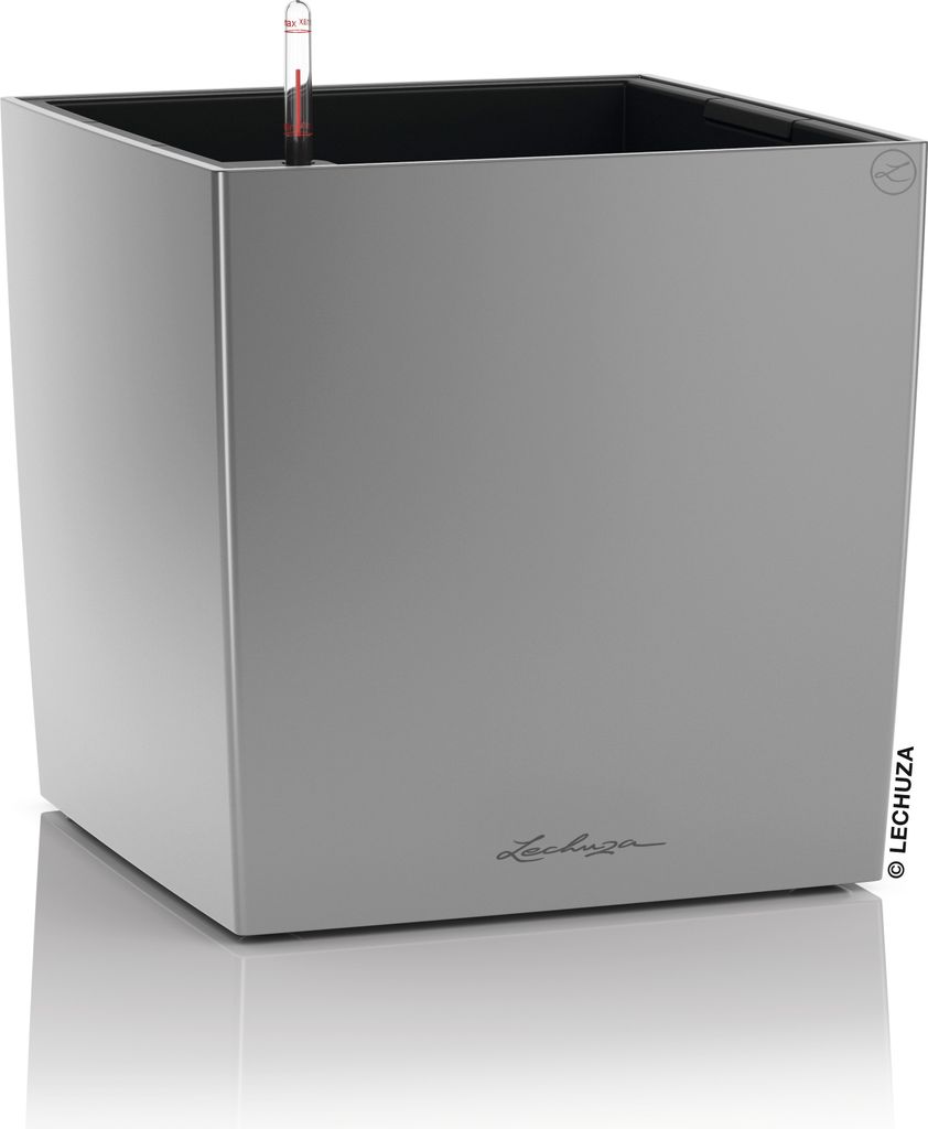 LECHUZA-Pflanzgefäß CUBE Premium 40 Silber Metallic | Pflanzgefäß mit Bewässerungssystem | Hochglanz-Oberfläche | 39 x 39 x 40 cm | 16368